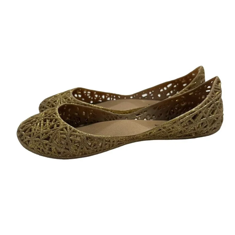 Mel Dreamed By Melissa + Campana Sz 2 Gold Glitter Zig Zag Flats